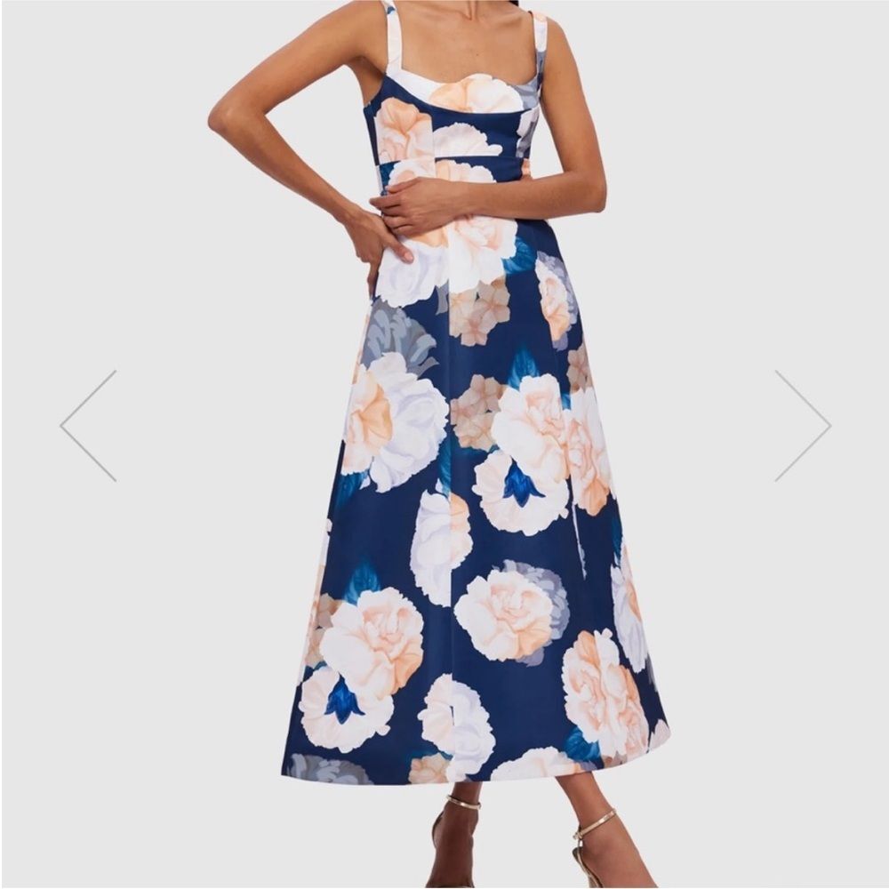 NWT Leo Lin Odette Midi Dress - Rosebud Print in Navy RARE